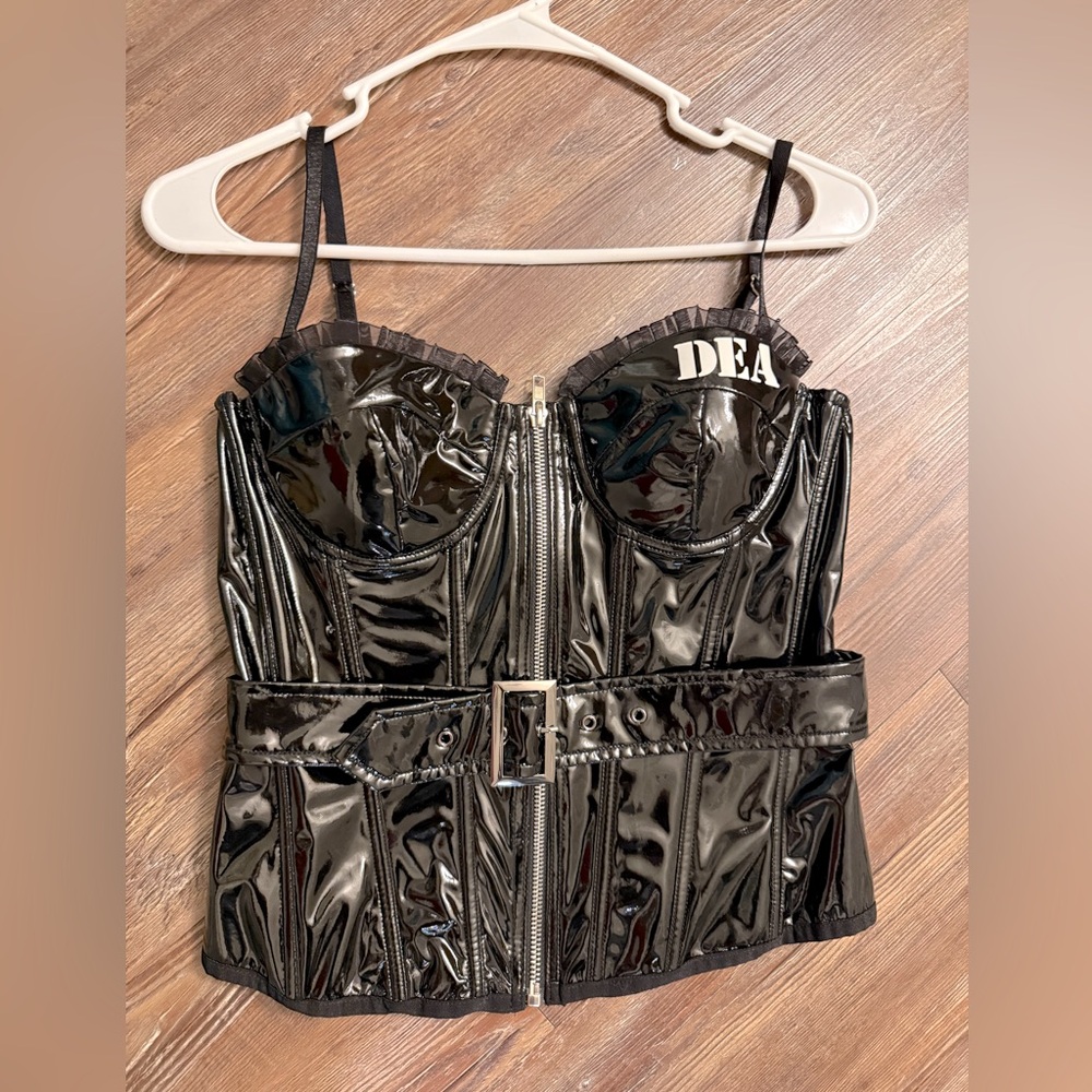 DEA black Vinyl Patent Oil slick corset for Halloween costume